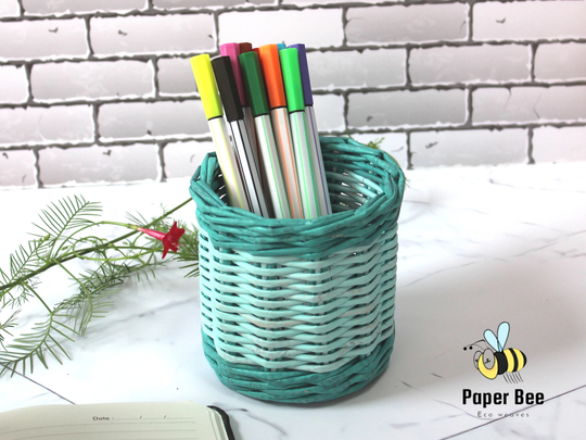Recycled Newspaper Round Pencil Holder, Paper Wicker Pen Pot, Montessori Student Gift, Upcycled Handmade Gift For Teacher, Desktop Organiser