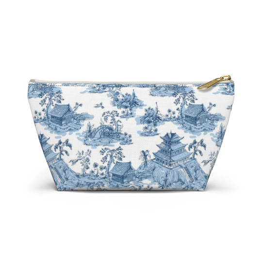 Chinoiserie Toile Print Zippered Pouch, White & Light Blue, Cosmetics/Pencil/Make-Up Organizer/Bag, Willow/China/Pagoda Pattern/Design