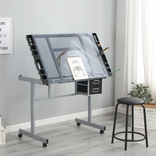 Drafting Table, Adjustable Art Drawing Desk W/ Slide Drawer & Wheel
