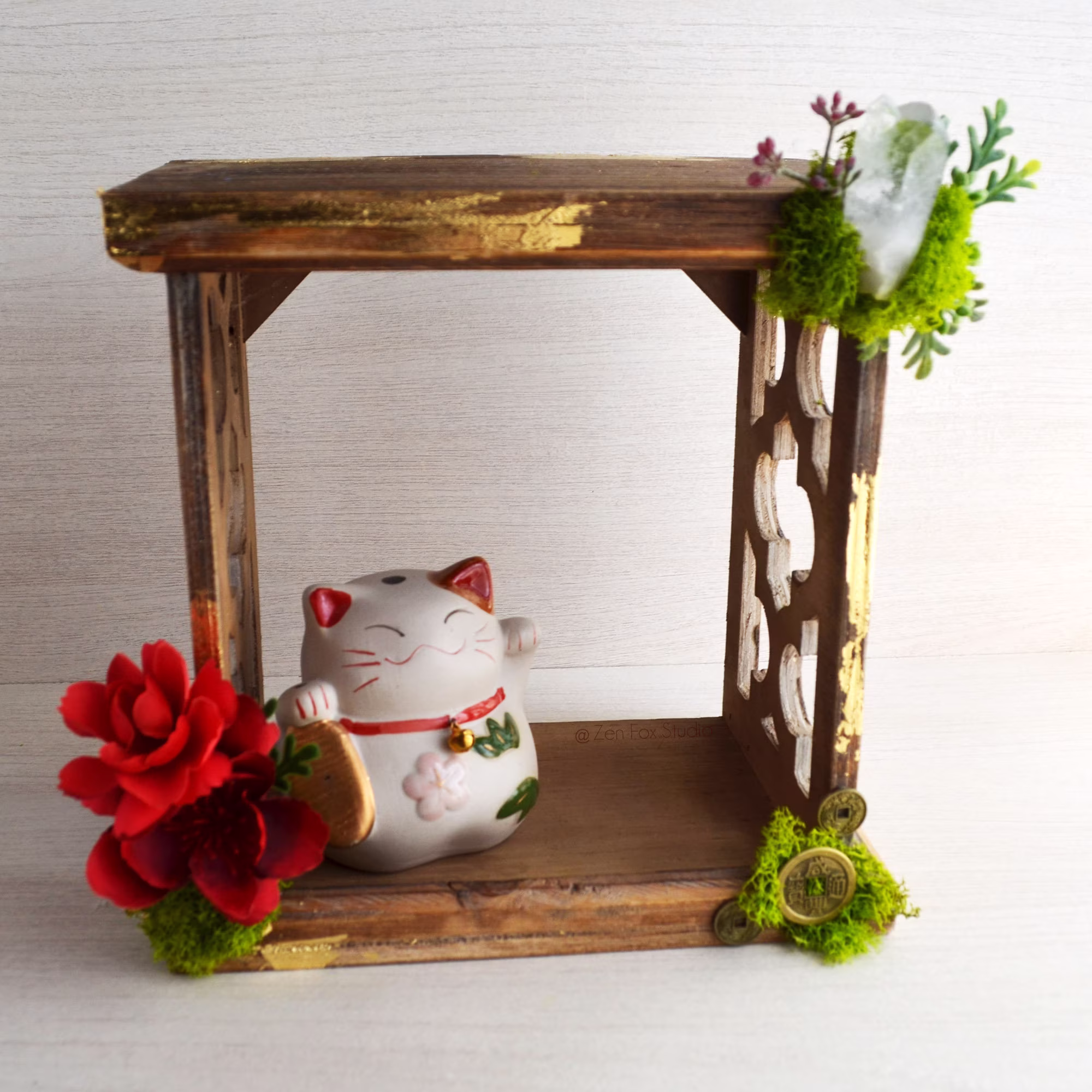 Lucky Cat Wooden Altar Shelf // Maneki Neko Statue Crystal Display Quartz Zen Garden Red Gold Room Decor Home Office Storage Trinket
