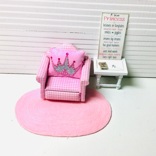 Dollhouse Miniature, Pink Checked Chair, Princess Pillow, Sign, Rug, Wand Or White Wooden Table. 112 Scale