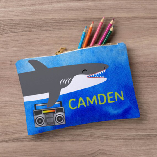 Dj Sharky Shark Large Zipper Pouch, Custom Name Pencil Case, Stationery Zip Personalized School Supplies, Back To