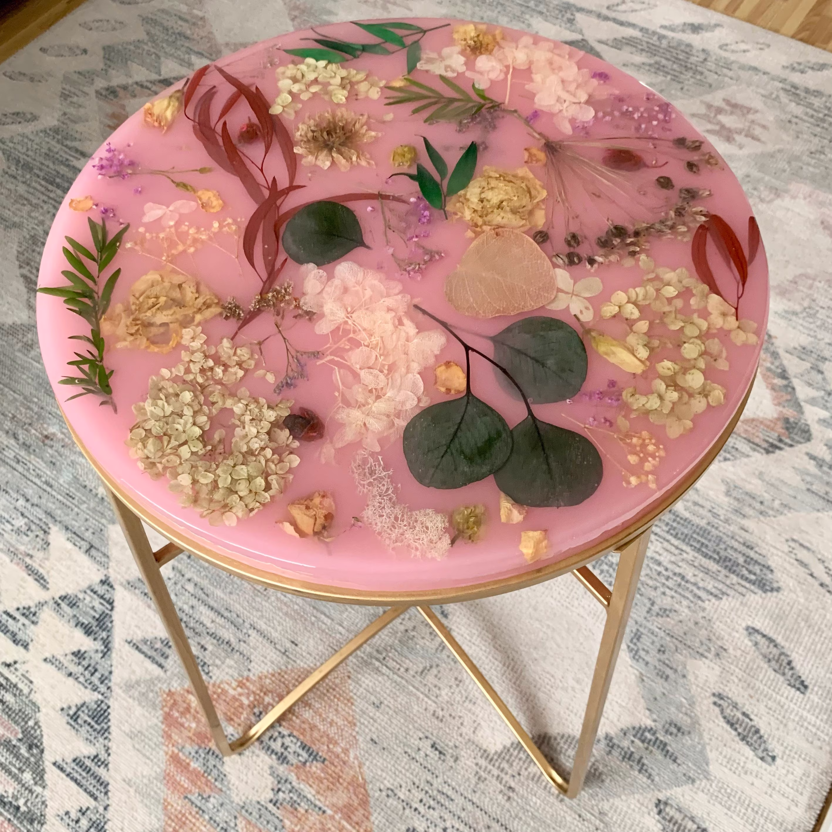 Pink Floral Resin Coffee Table With Gold Metal Legs
