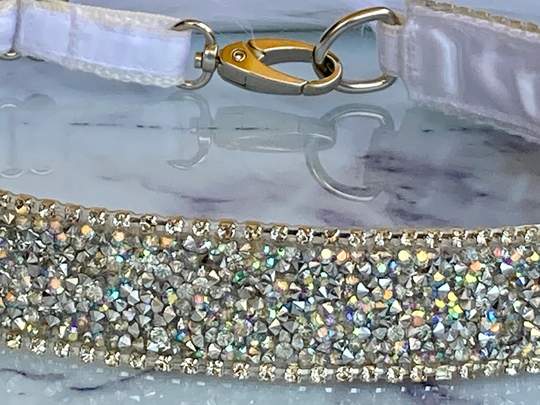 Rhinestone Bling Tag Dog Collar 1" White Satin Sparkling Show Crystal Diamond Pet Jewelry Fancy Elegant