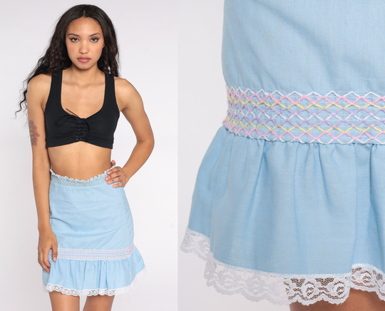 70S Ruffled Pencil Skirt High Waisted Baby Blue Smocked Hippie Boho Lace Slip Pastel Summer Bohemian Dainty Vintage Small Xs S