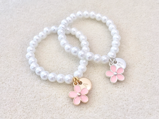 Flower Girl Gift Idea Gold Silver Flower Bracelet Toddler Jewelry Pink & White Little