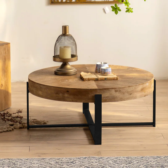 Round Farmhouse Coffee Table for Living Room, Retro Splicing Cocktail Table Sofa Table with Cross Legs Metal Base