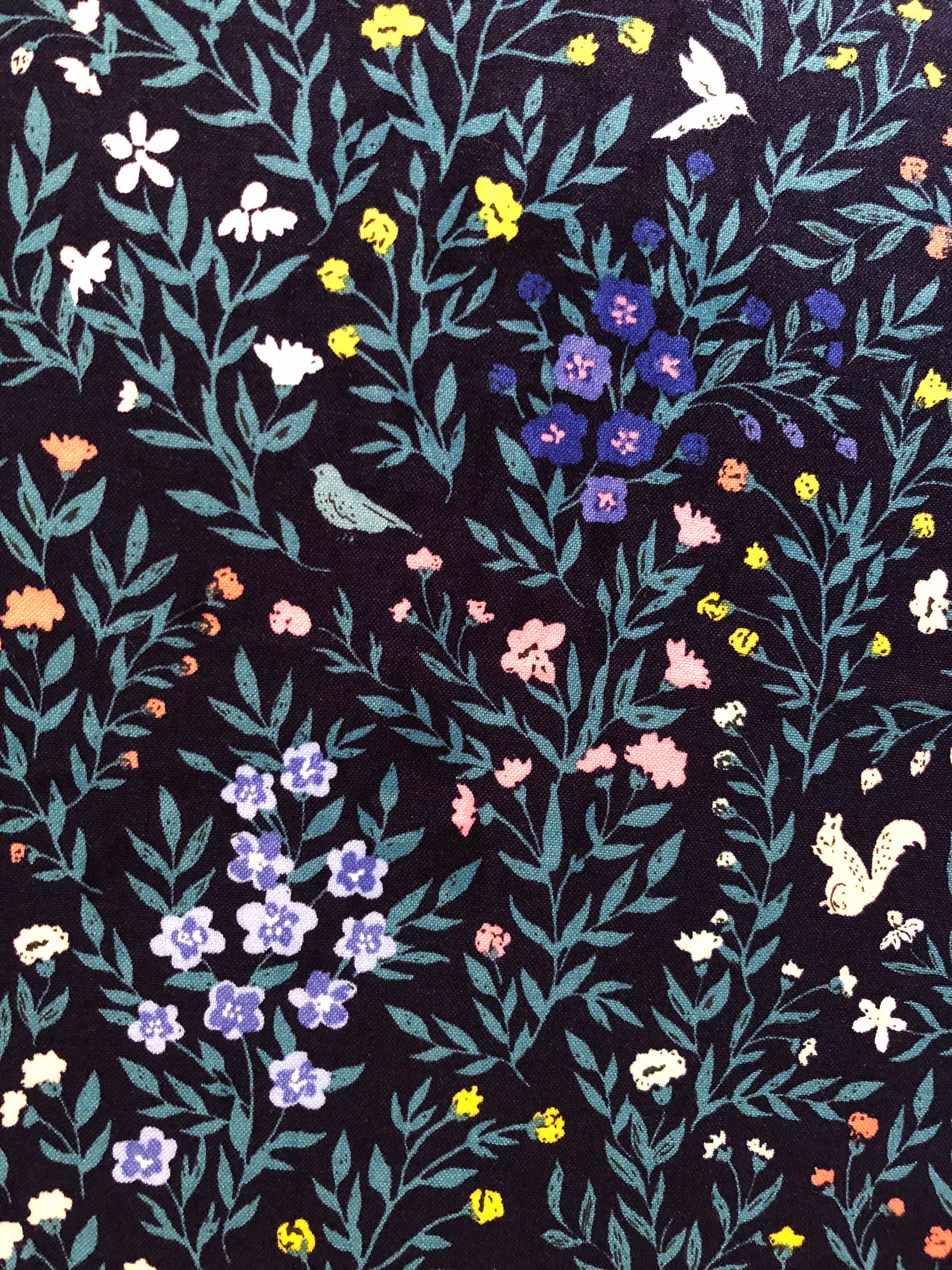 Night Floral Garden With Birds & Possums Navy Quilting Cotton Fabric By 1/4, 1/2 Yard Or Fat Quarter, Night in The Wood Quilt