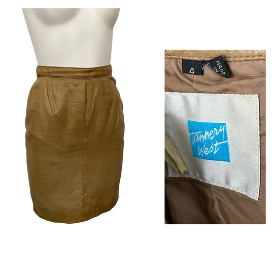 1980S Brown Leather Skirt/80S High Waist Fitted Pencil Knee Women's Xs