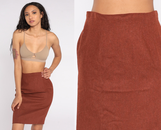 Brown Wool Skirt 80S Mini Pencil High Waisted Preppy Wiggle Vintage Waist Retro Secretary 1980S Small S