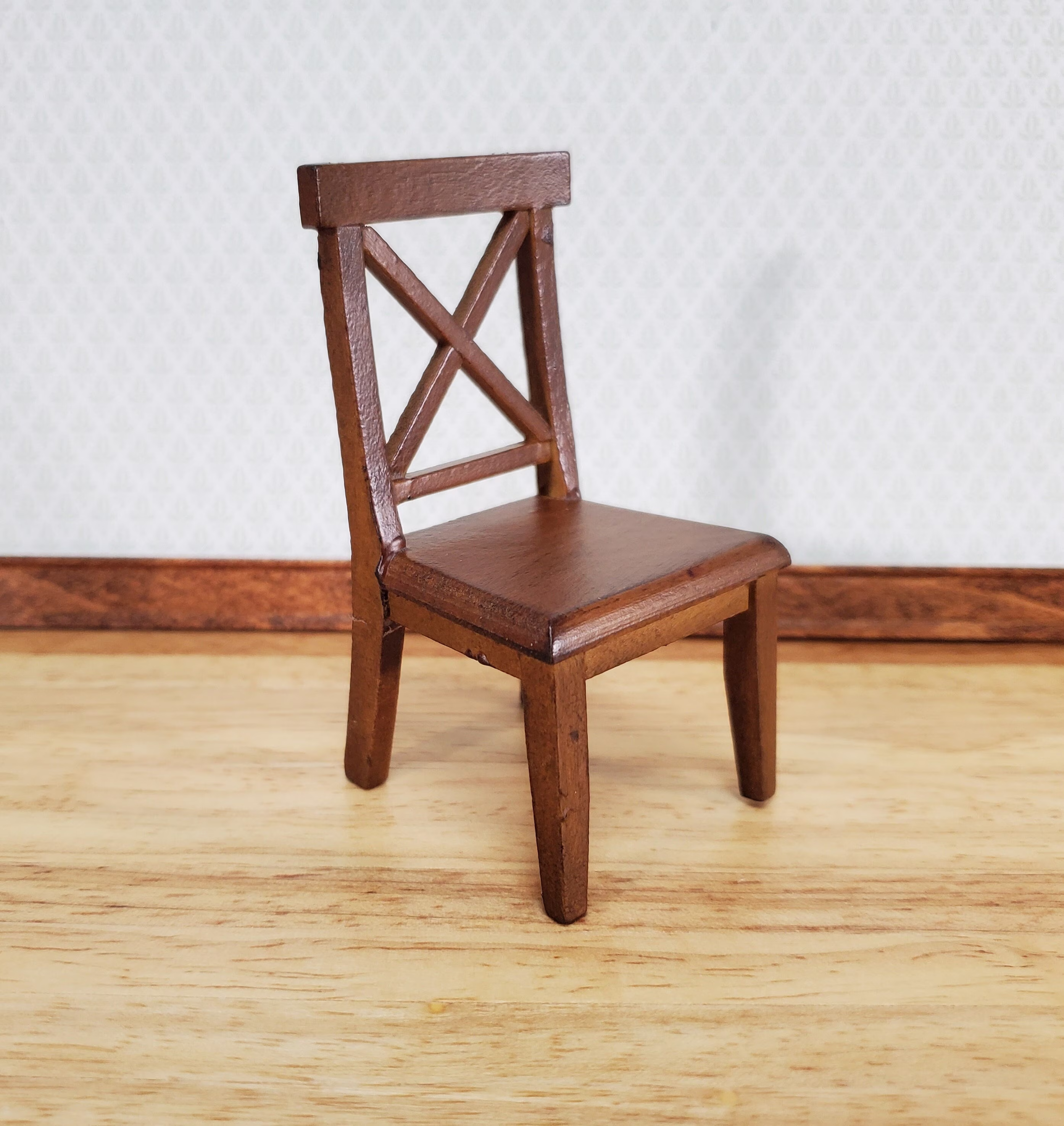 Dollhouse Chair Kitchen Dining Cross Buck Walnut Finish Wood 112 Scale Miniature Furniture