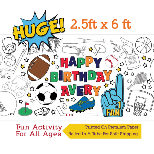 Personalized Sports Party Coloring Poster, Birthday Banner, Paper Tablecloth, Activity - 30" X 72" Inches