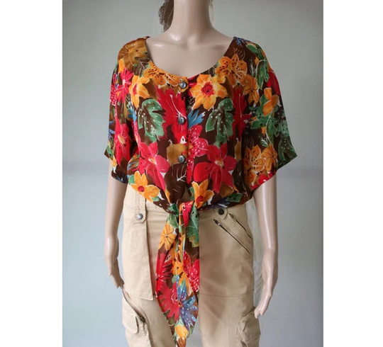Laurel Women's Colorful Shirt Top Tied Button Up Summer Made in Germany Medium Size
