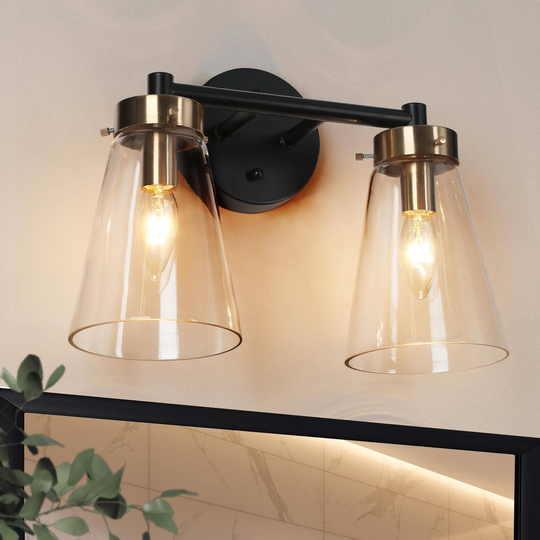 Glint 2/3/4-Light Black Gold Linear Bathroom Vanity Lights with Clear Cone Glass