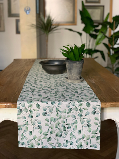 Green Leaf Table Runner, Print On White Background, Botanical Pattern Cover, Recycled Fiber