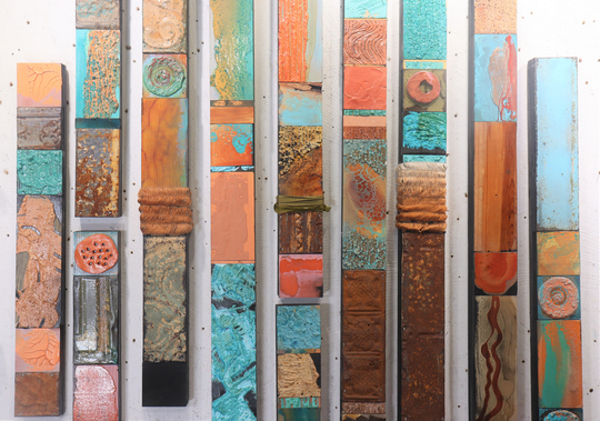 Large Wall Abstract Color Texture Collage Panels Totems Hand Painted Glazed Sticks Pastel Bright's 5 Pi. Tropical Coastal Western Rustic