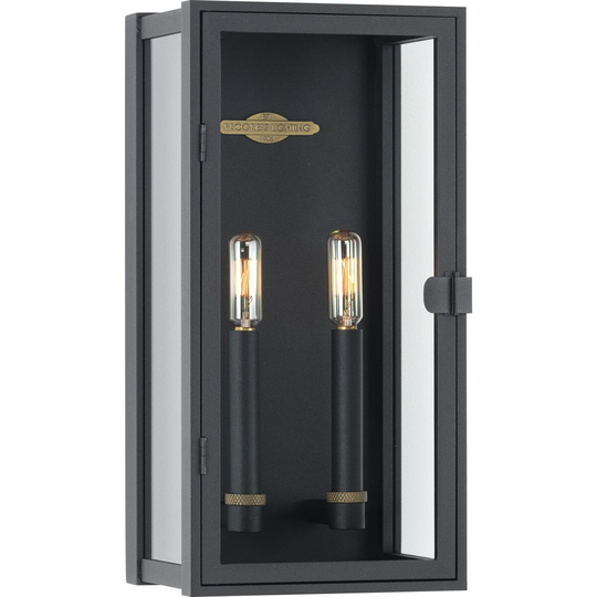 Stature Collection 2-Light Textured Black Clear Glass Transitional Outdoor Medium Wall Lantern Light - 8 in x 5.87 in x 16 in