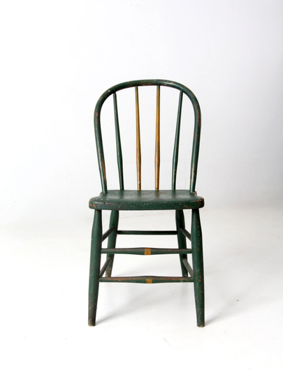 Antique Green Spindle Back Chair, Farmhouse Bow Windsor Chair