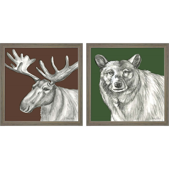 Kelsey Wilson 'Watercolor Pencil Forest Color (Moose & Bear)' Framed Art (Set of 2)