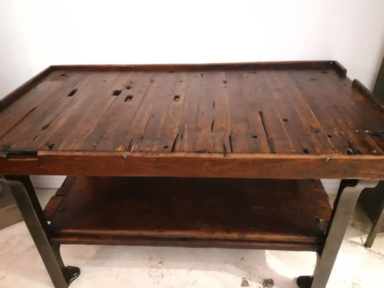 Vintage Industrial Factory Work Table With Cast Iron Legs & Shelf