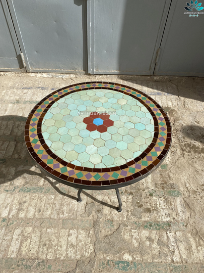 Mosaic Garden Table Made From Tiles Round For Indoor & Outdoor 100% Handcrafted, Mid Century Art Table