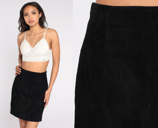 Black Leather Skirt 90S Mini Suede Pencil Wilsons Retro Plain Simple High Waisted Wiggle Chic Mod Vintage 80S Small Medium