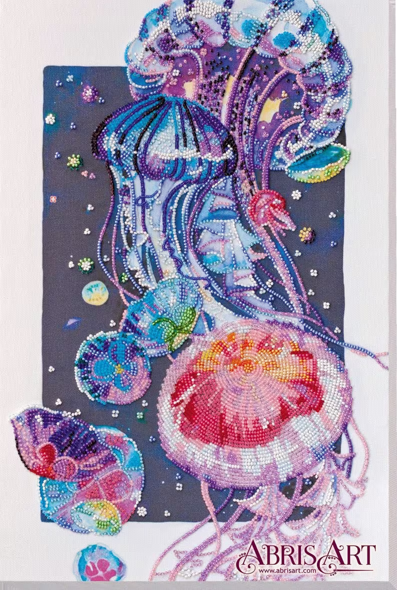 Diy Bead Embroidery Kit On Art Canvas "Night Dance - Jellyfish" Size 10.6"×15.7" | 27×40 cm, Gift | Abris