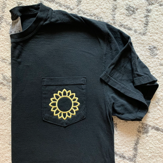 Sunflower Tee - Comfort Colors Flower Monogram Pocket Personalized T-Shirt - Ring Spun Tee