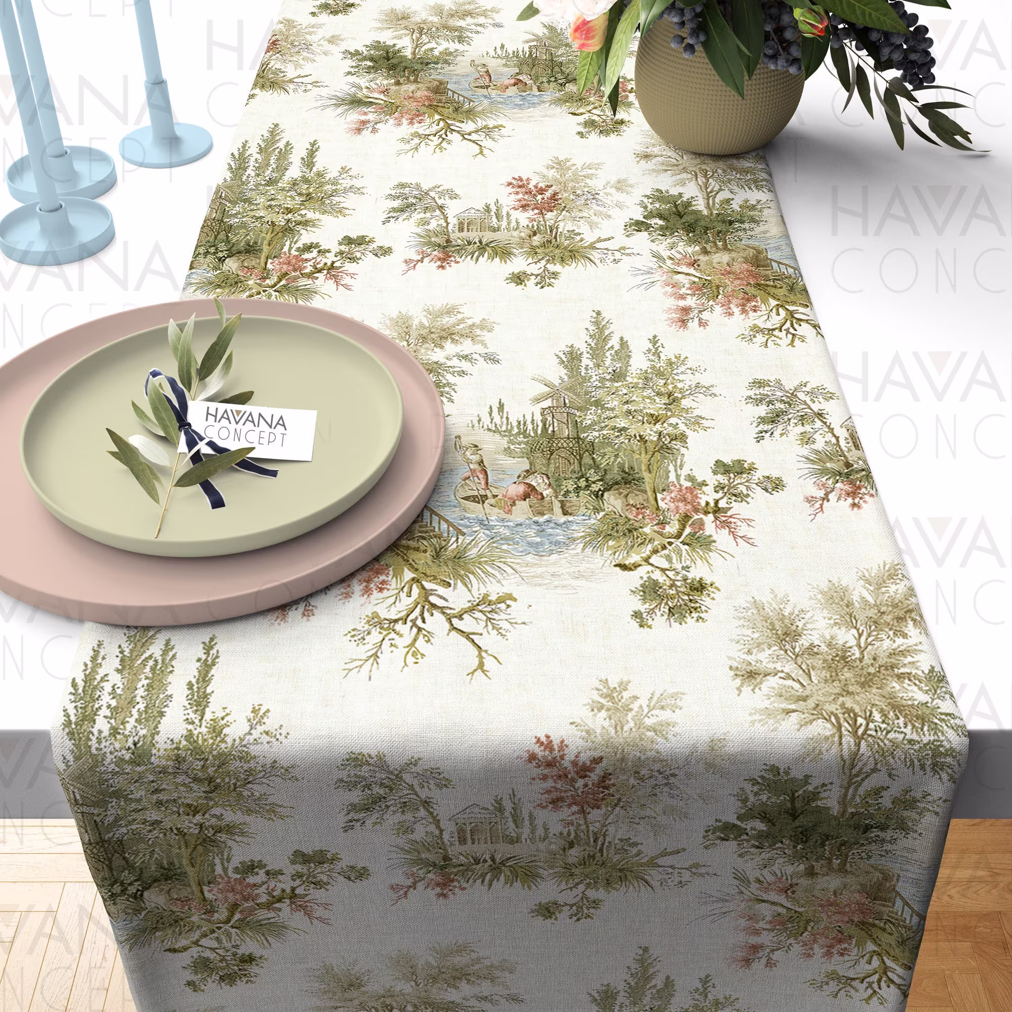 Olive Green Toile De Jouy Table Runner - French Vintage Country Style Centerpiece, Cottage Decorative Dining