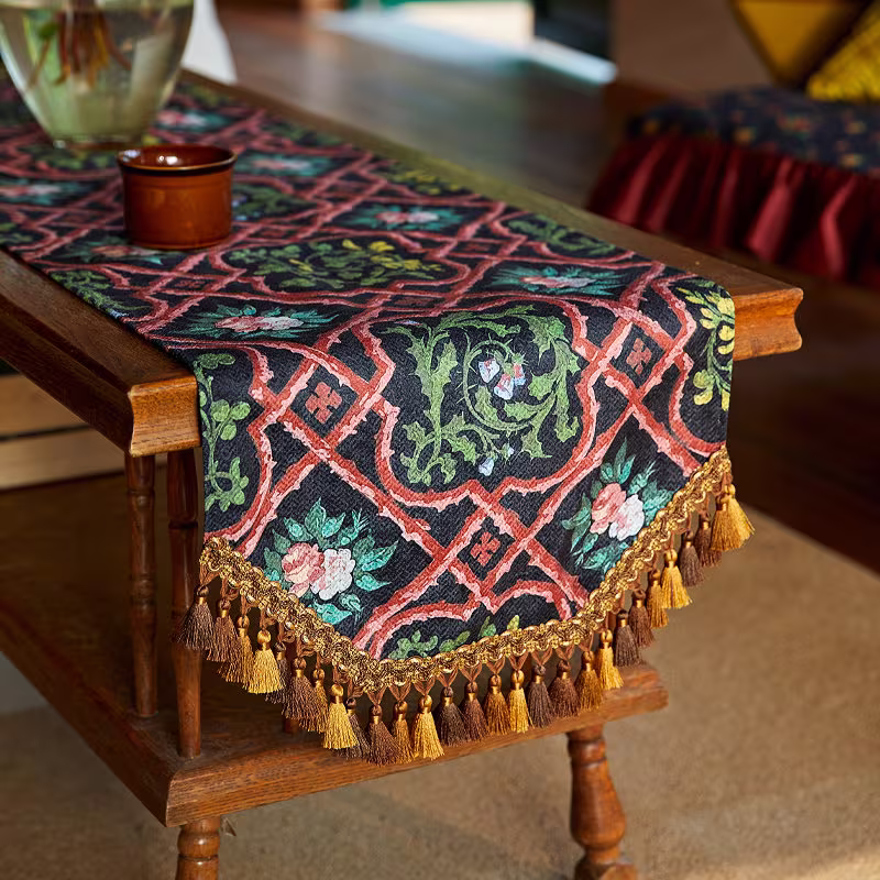 Rose Garden Table Runner, Rustic Hand-Made Kitchen Runners, Banquet Party Boho Home Tablecloth Decor, Valentine's Day Decor