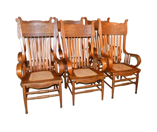 Antique Oak Dining Chairs, Set Of 6 Rare Tall Press Back Arm Chairs #21114