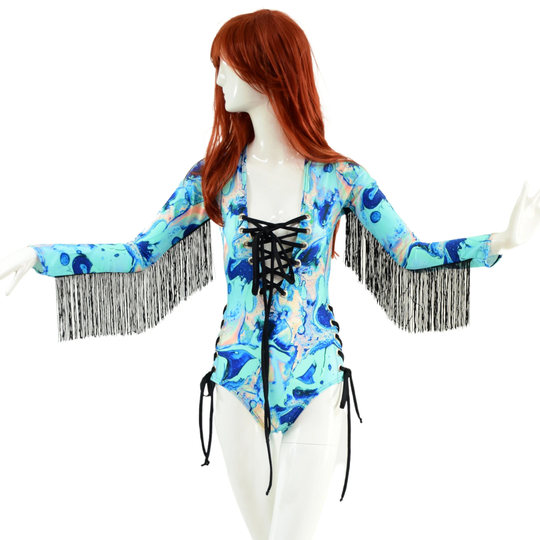 Lapis Lagoon Long Sleeve Plunging V Neck Siren Romper With Smooth Black Lace Up At The Neckline & Both Hips // Fringe 157906