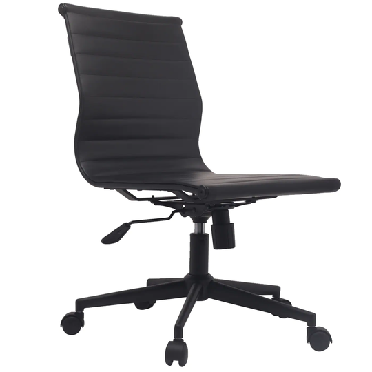 Black Swivel Adjustable Height PU Leather Office Chair Mid-Back Armless No Arms Side Ribbed Task Work on Black Base