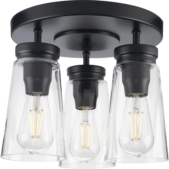 Stockbrace Collection 3-Light Matte Black Clear Glass Farmhouse Flush Mount Ceiling Light - 12.5 in x 12.5 in x 10 in