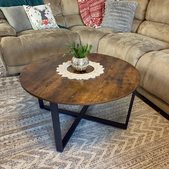 Industrial Round Coffee Table | Rustic Cocktail With Wood & Metal Living Room Tea Storage Furniture