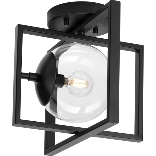 Atwell Collection 10" One-Light Mid-Century Modern Matte Black Clear Glass Semi-Flush Mount Light - 12 in x 10 in x 9.75 in