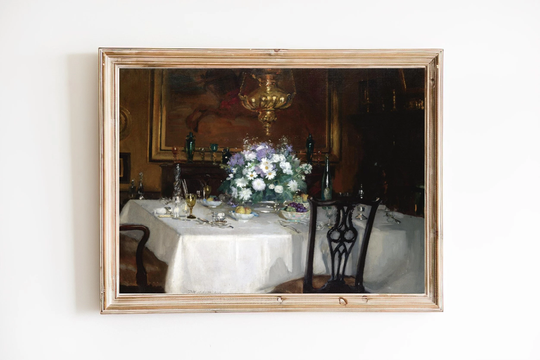Free Shipping - Vintage Dining Room Oil Painting 19Th Century House Interior Art Table With Fruit Print