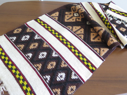 Woven Table Runner, Vintage Textiles, Ornamented Topper Brown White #4-50-2