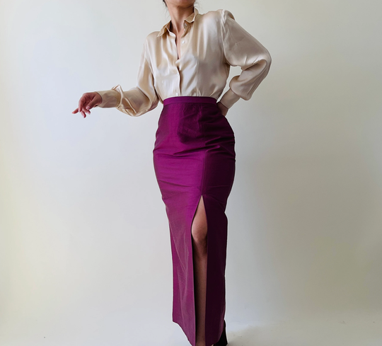 Vintage Silk Burgundy Maxi Pencil Skirt, Elegant High Waisted Skirt With Lateral Leg Cut