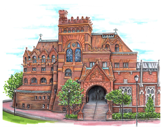 Original Pencil & Marker Illustration Of The Fisher Fine Arts Library By Architect Frank Furness Philadelphia's University Penn Artwork