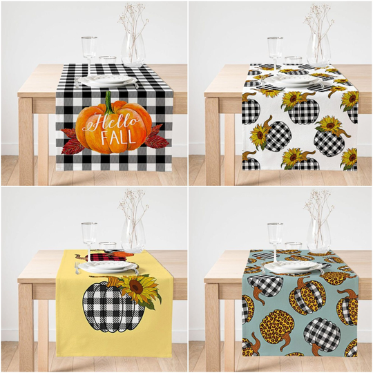 Fall Trend Table Runner|Hello Pumpkin Runner|Checkered Autumn Home Decor|Farmhouse Sunflower Runner|Pumpkin Tablecloth