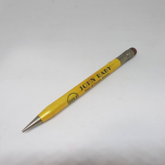 Mid Century John Raby Gulf Gas Station Mechanical Pencil, Main & Henley Streets, Knoxville, Tennessee, Pocket Clip, No Lead, Advertising