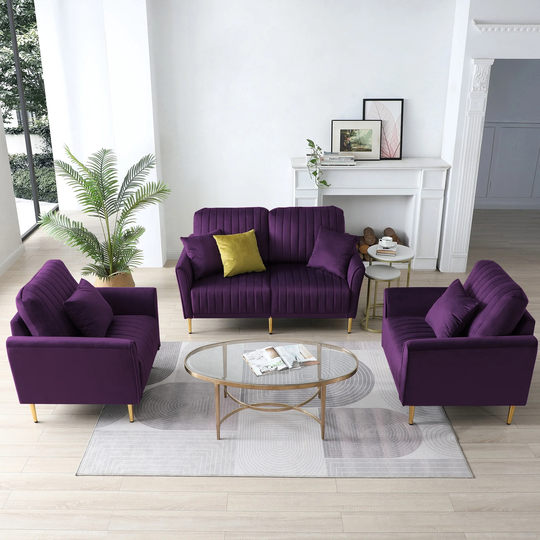 Purple Velvet Modern Sectional Sofa Couch Set for Living Room, 2 Pieces Fabric Arm Chair and 1 Piece 2 - Seater Loveseat