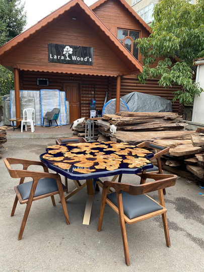 Olive Wood Epoxy Table, Custom 62" Diameter Round Irregular Shape Sapphire Blue Dining Order For Kimberly L