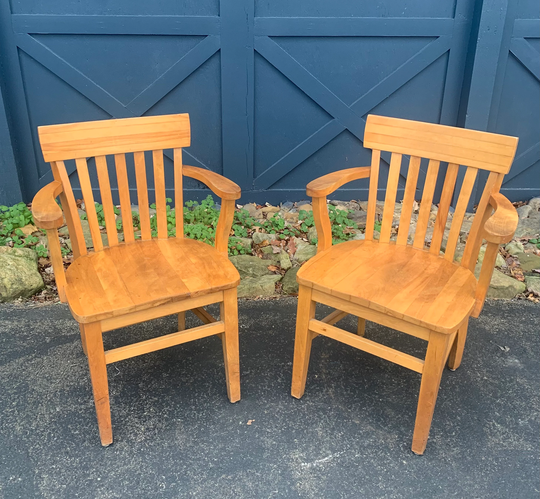 Pair Of Vintage Solid Wood Library Chairs, Slat Back Office Furniture Lawyer Banker's