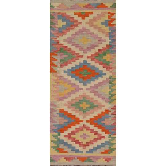 Geometric Colorful Kilim Oriental Runner Rug Flat-weave Wool Carpet - 2'8"x 7'10"