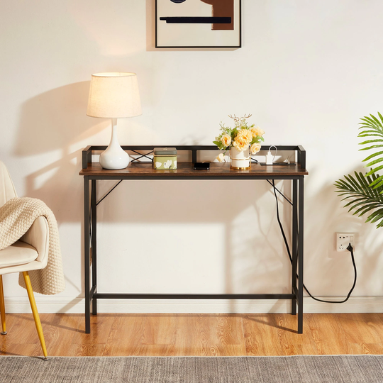 Extra Long Console/Sofa Table with Charging Station&Power Outlet, Brown