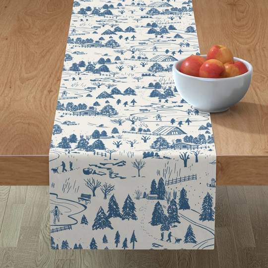 Snowy Landscape Table Runner - Fun in The Winter By Jenflorentine Blue & Cream Rustic Cabin Cotton Sateen Spoonflower