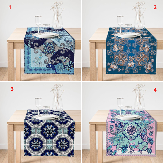 Tile Style Table Runner, Traditional Linen, Authentic Cover, Rectangle Tablecloth, Vintage Kitchen Ethnic Decor