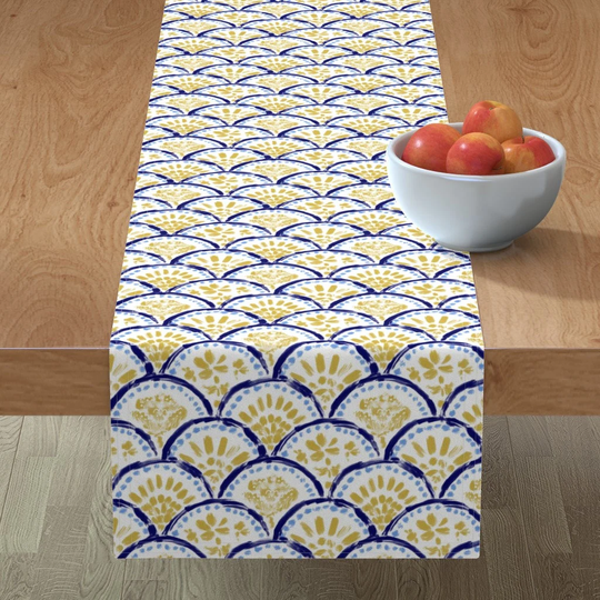 Chinoiserie Table Runner - Scalloped Wave By Helenpdesigns Abstract Flowers Brush Strokes Cotton Sateen Spoonflower